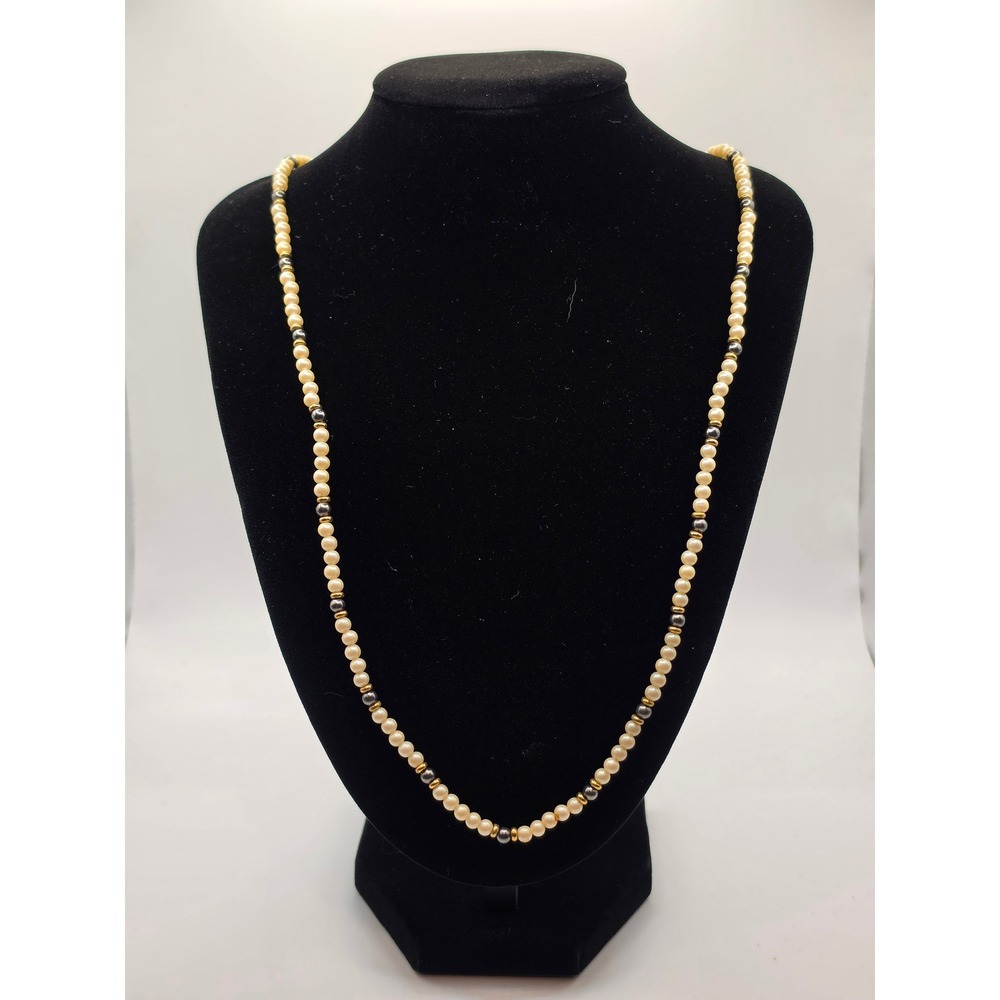 Monet Vintage Faux Pearl Necklace Cream Gunmetal Gold Tone Beads 24 Inch Strand